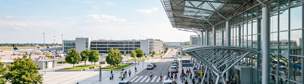 Ein Flughafengebäude von außen